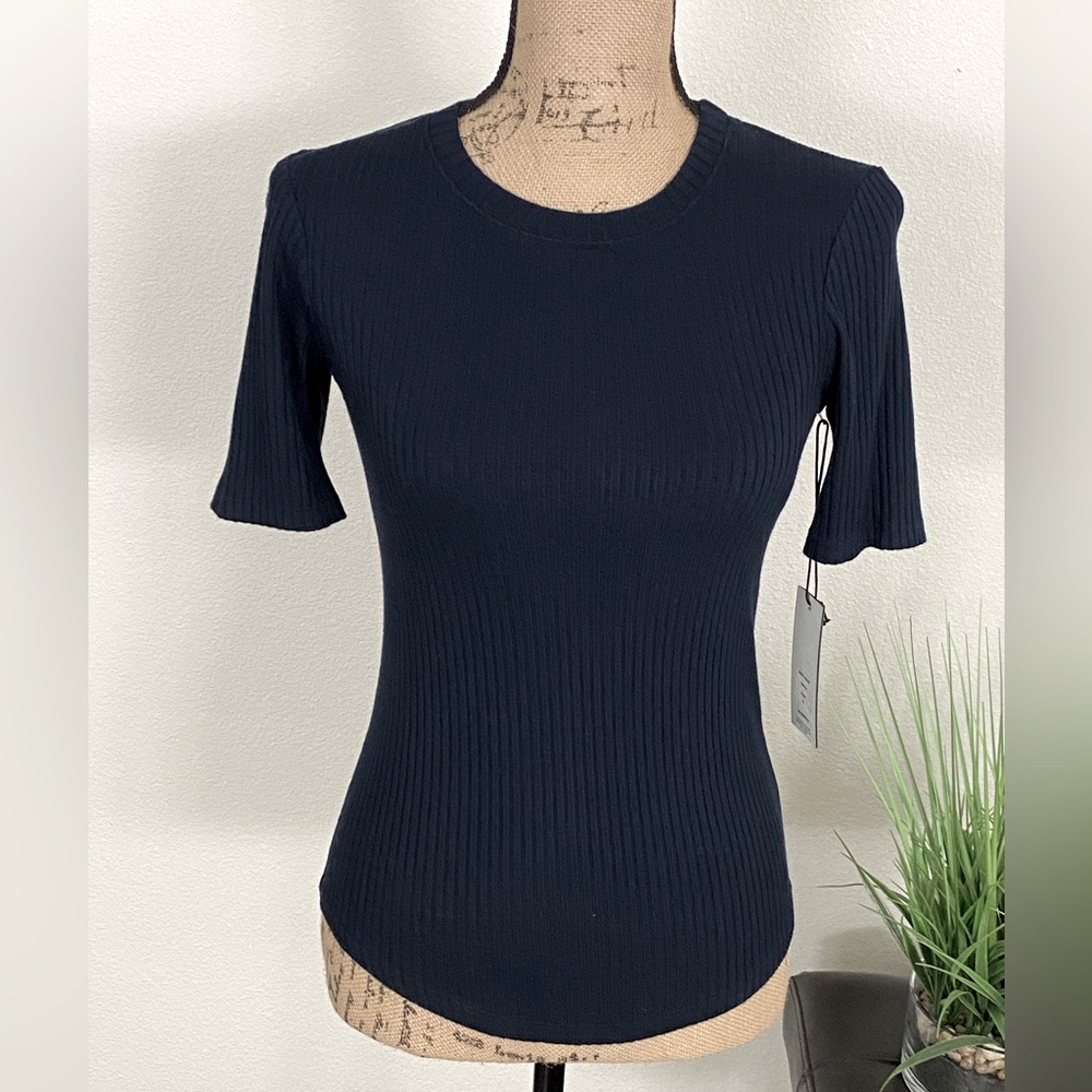 NWT. BALDWIN Sabina Navy Short Sleeve Crew Neck Ribbed T-Shirt Top Sz S
